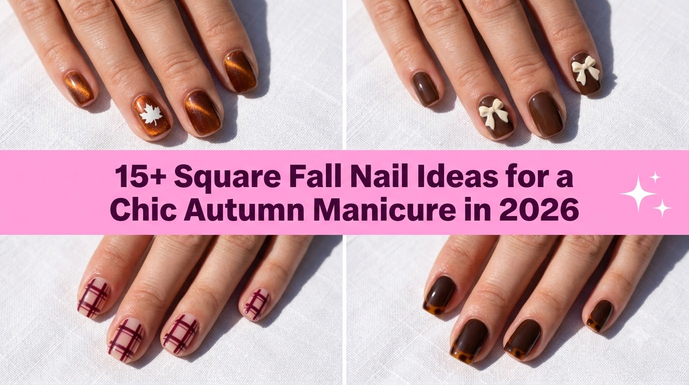 Collage of square fall nail ideas for a chic autumn manicure in 2026