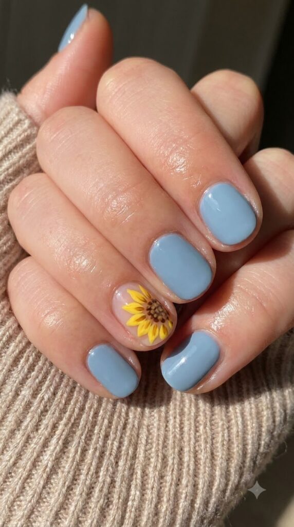 Short round light blue nails with a bright yellow sunflower accent art