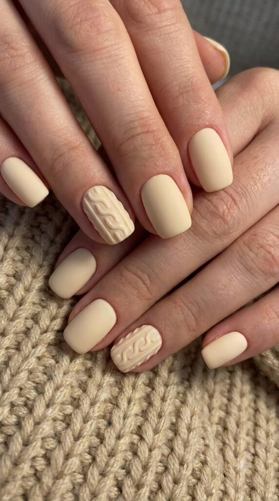 Short squoval cream nails with 3D cable-knit sweater texture in matte