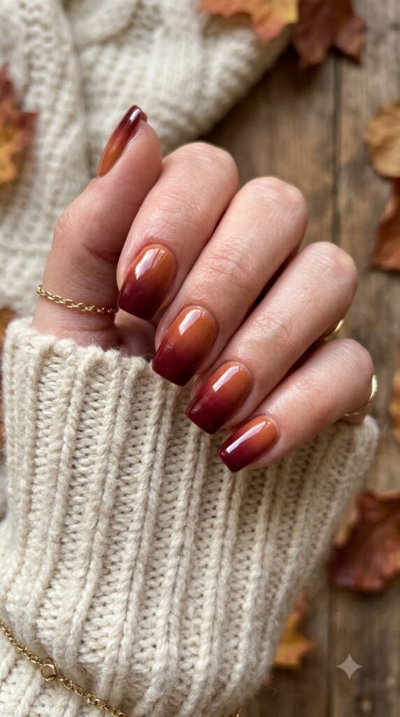 Squoval nails with terracotta orange blending into deep burgundy red tips