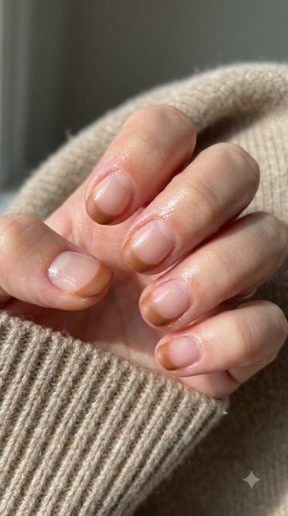 Short round clear nails with toasted almond brown cuticle half-moons