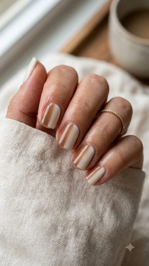 Short square nails split vertically with hazelnut brown blending into cream