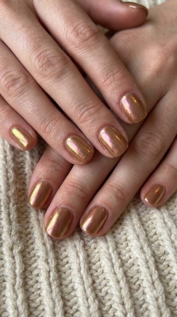 Short natural hazelnut brown nails with iridescent glazed chrome finish