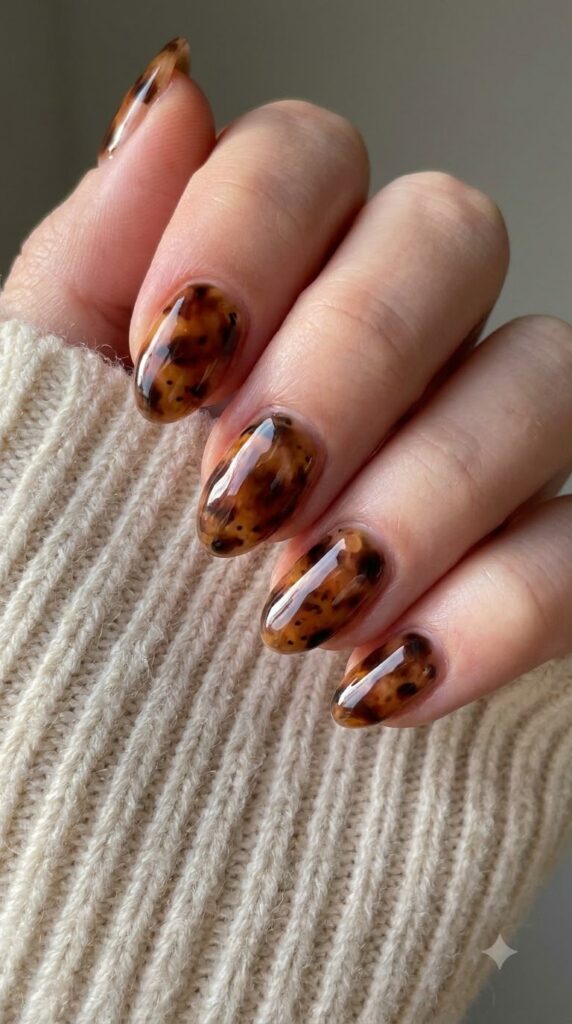 Short almond nails with sheer brown, black, and amber jelly tortoiseshell art
