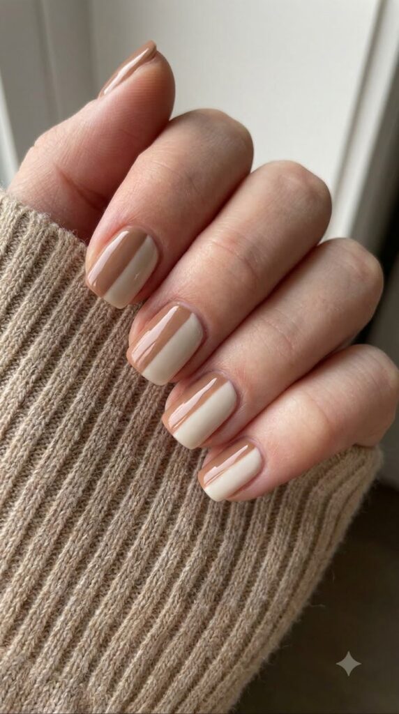 Short square nails split vertically with warm latte brown and cream gel polish