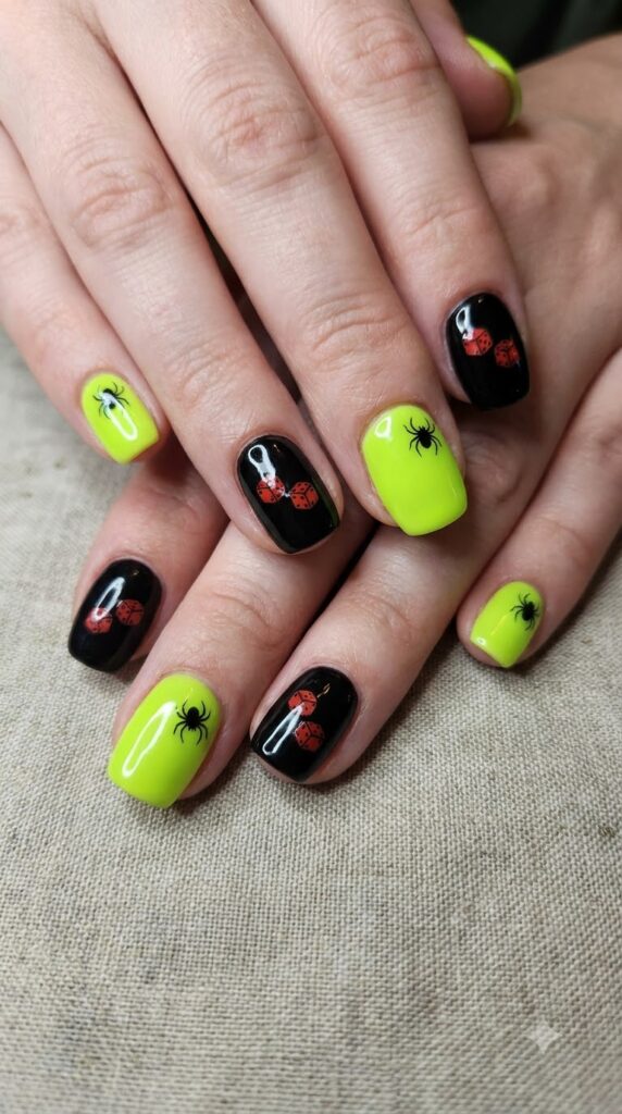 Short natural nails alternating neon lime green and black with dice and spiders