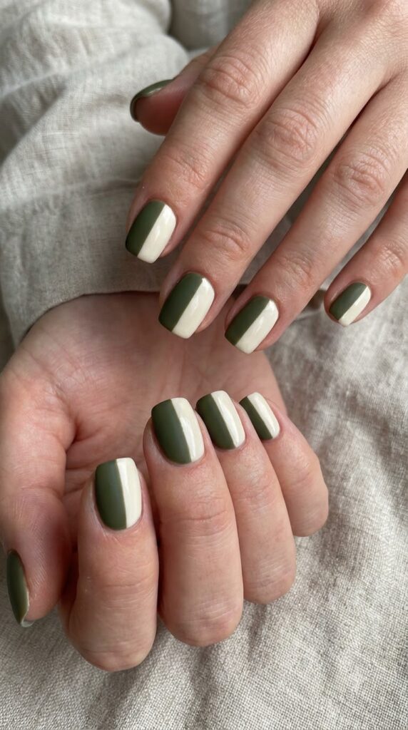 Short square nails split vertically with deep olive green and warm cream