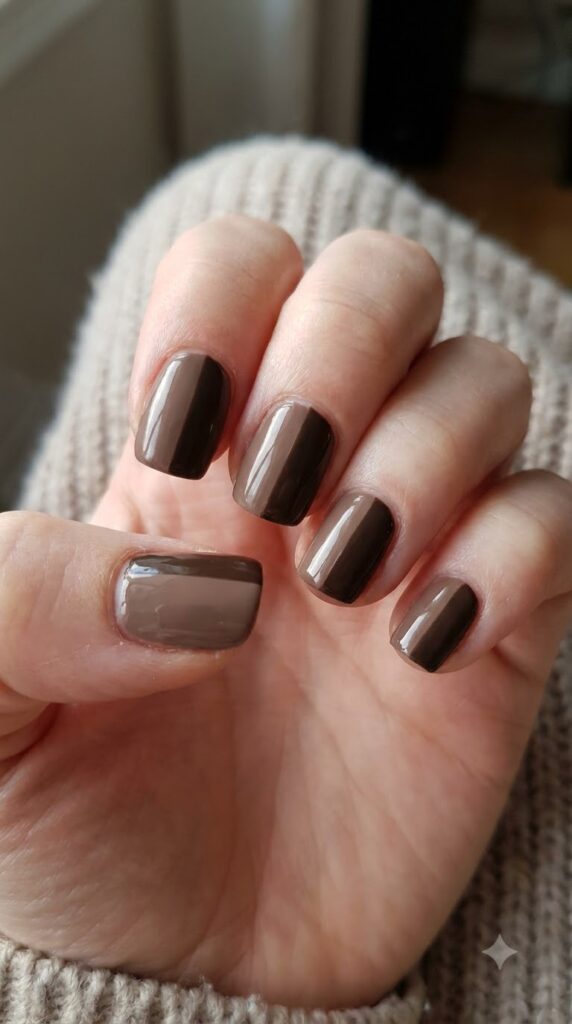 Short square nails split vertically with warm taupe brown and coffee brown