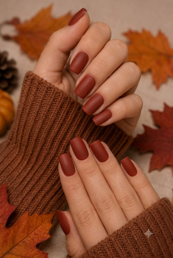 Short square nails with deep brick red matte velvet finish