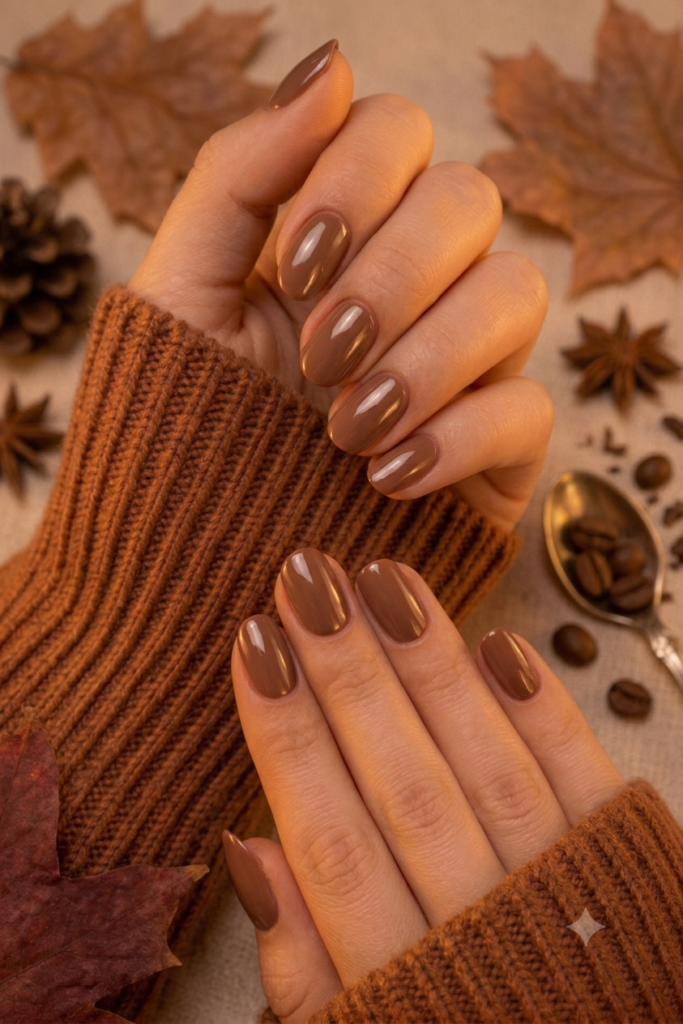 Short natural round nails painted in warm mocha latte brown polish