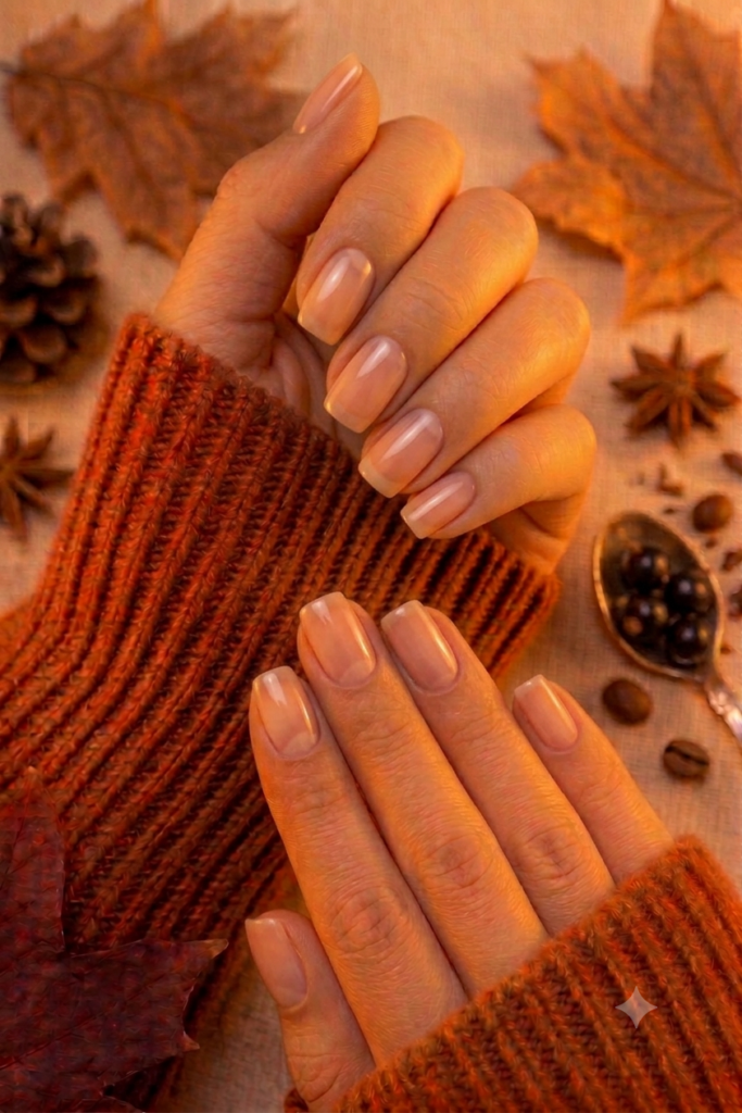 Short squoval nails painted in ultra-sheer warm peachy nude wash polish