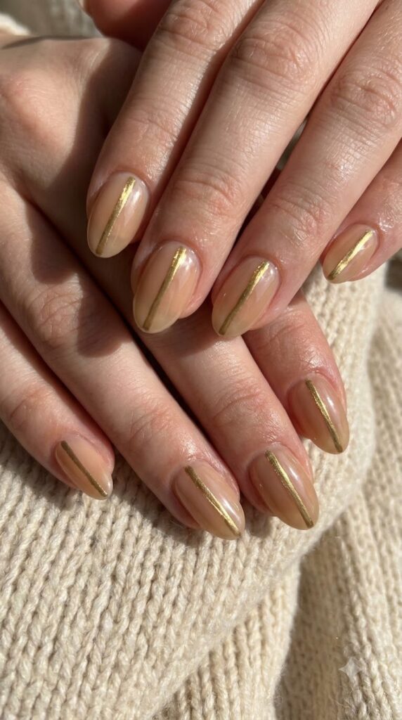 Oval sheer sand nude nails decorated with a single vertical gold chrome stripe