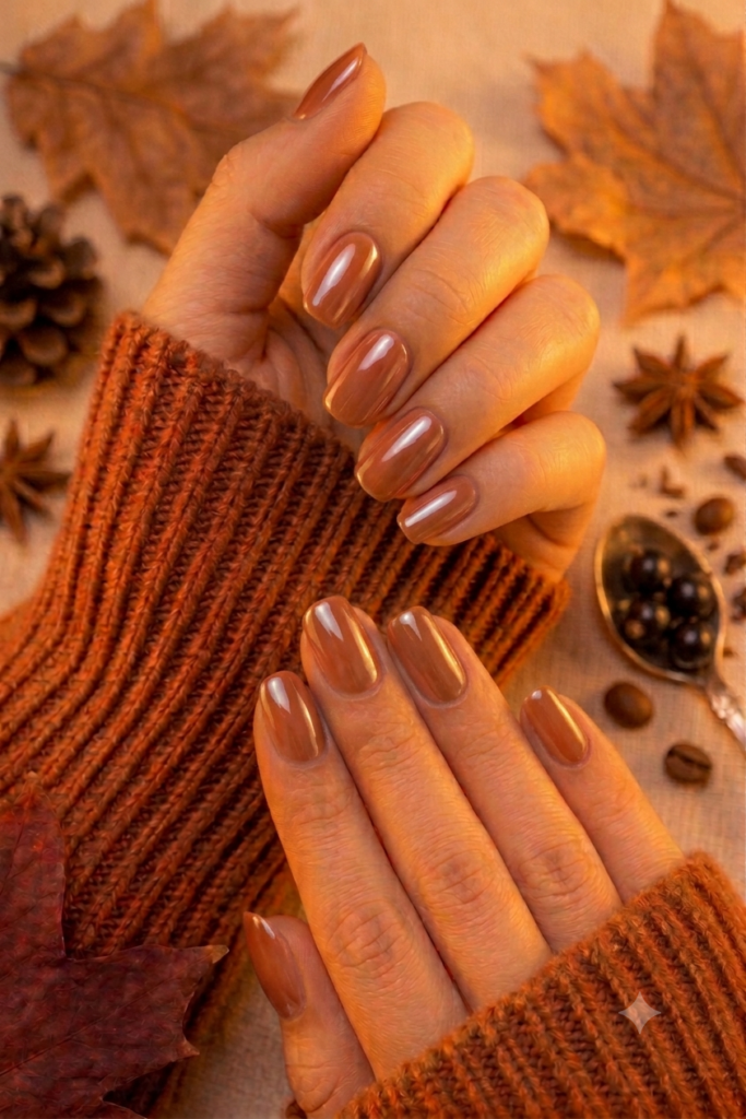 Natural round nails with sheer warm terracotta glazed chrome polish