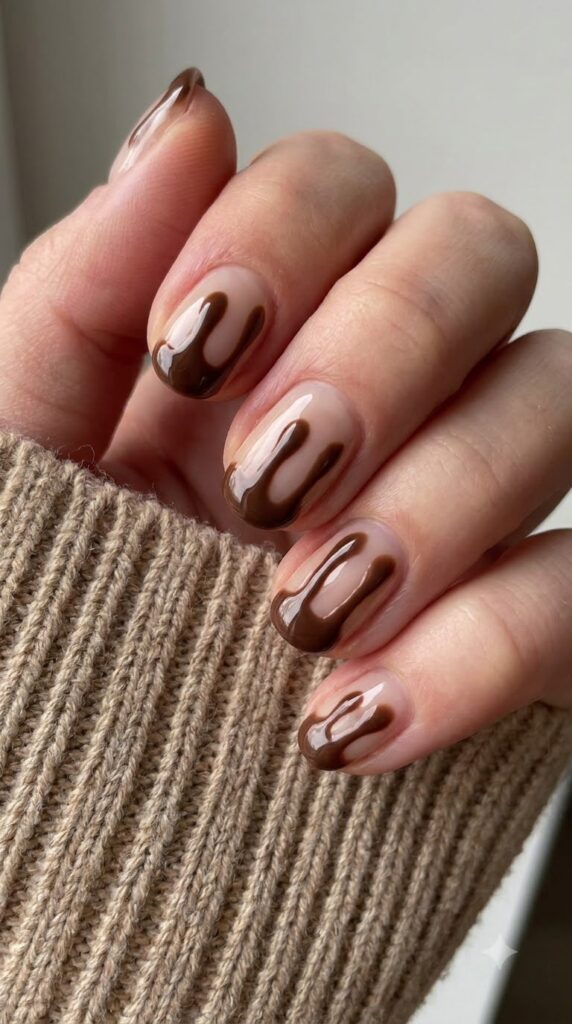 Short round nude nails with glossy chocolate truffle drip art tips