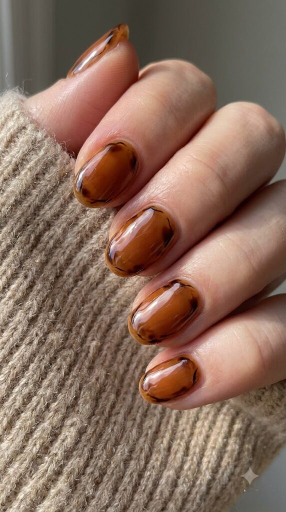 Short oval translucent amber jelly brown nails with dark patch outlines