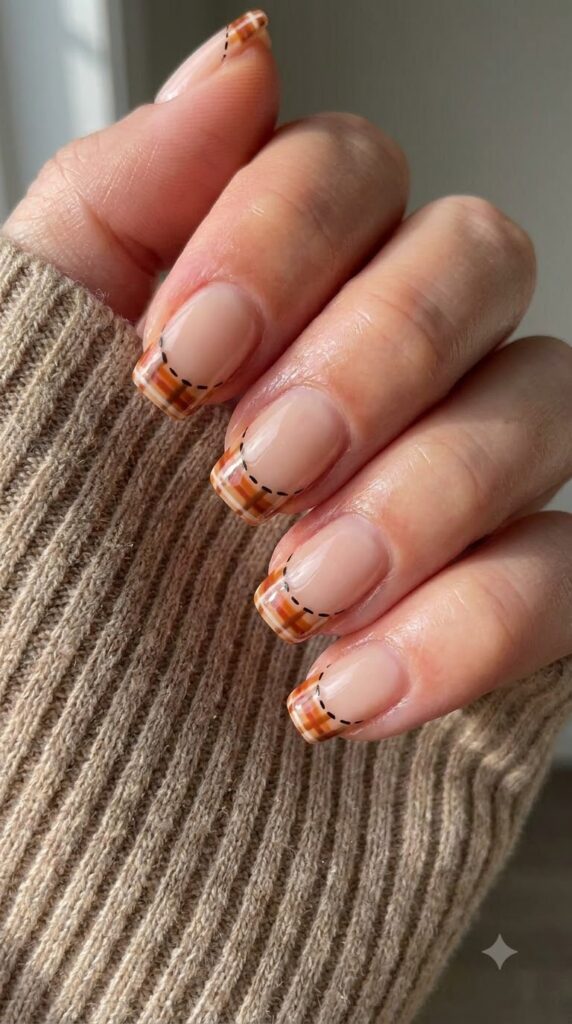 Short squoval nude nails with orange brown plaid French tips and black stitches