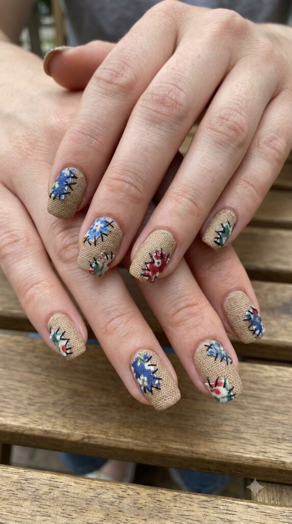 Short squoval tan burlap matte nails with colorful fabric patches and black stitches