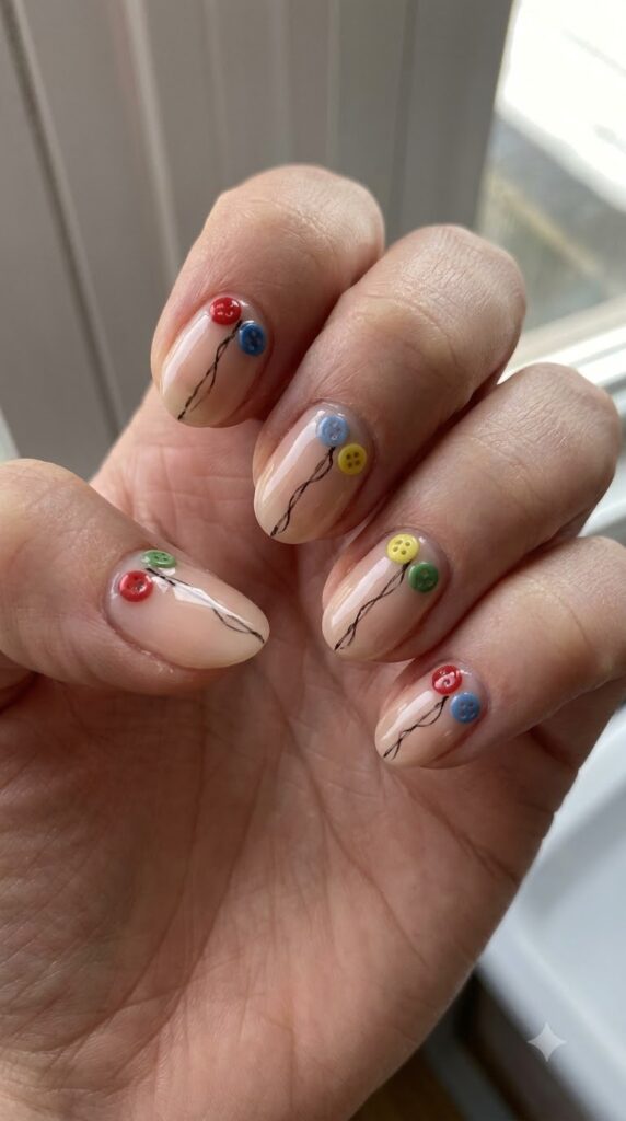 Short oval nude nails with miniature colored button accents near cuticles