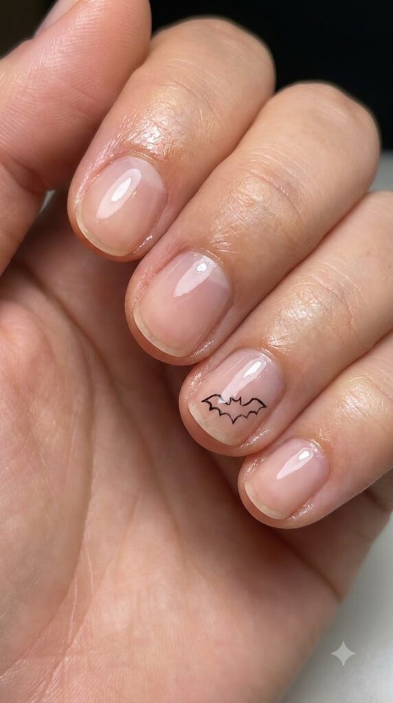 Short round clear nails decorated with a single miniature hand-painted black bat