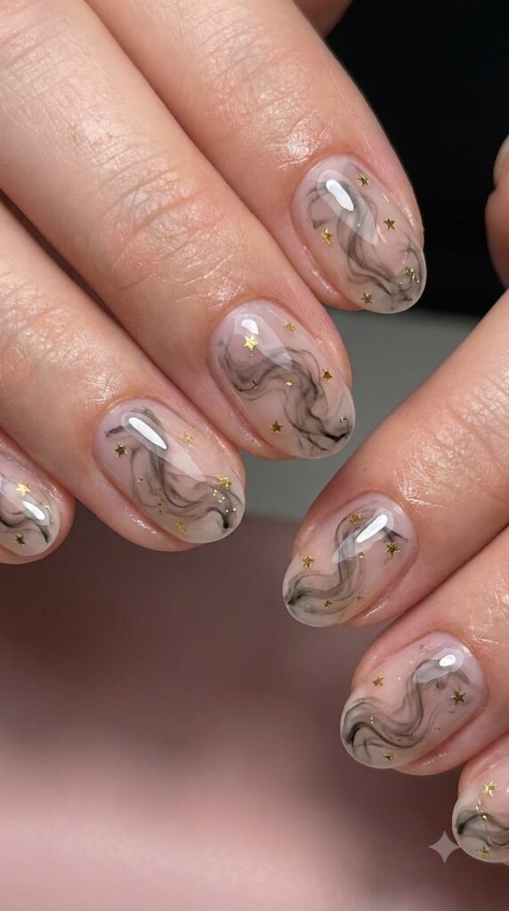 Short oval clear jelly nails with charcoal smoke trails and tiny gold micro stars