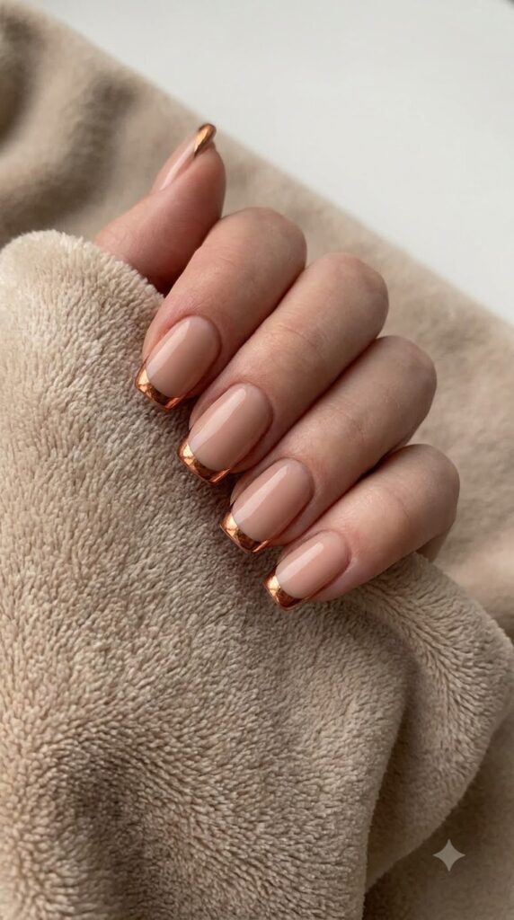 Squoval nude nails bordered with shiny copper metallic leaf outline tips