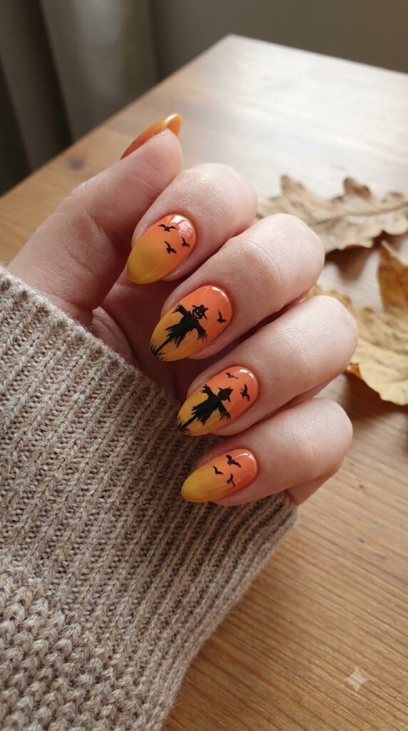 Almond orange yellow gradient nails with black scarecrow and crow silhouettes