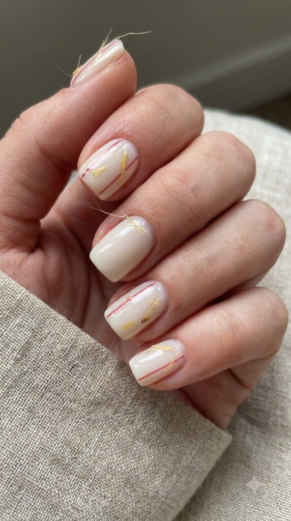 Short square white nails with red cornticking stripes and yellow straw accents