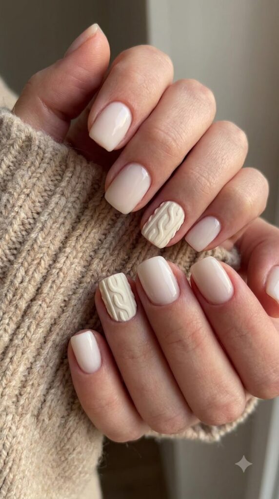 Short squoval milky white nails with a 3D raised cable-knit gel sweater accent