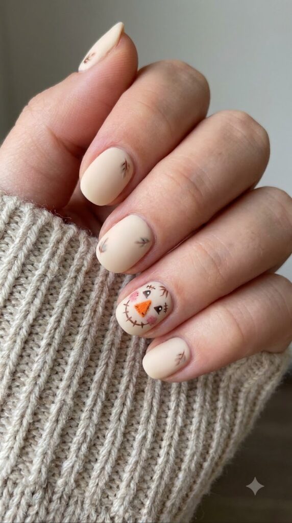 Short round cream nails with a painted scarecrow face and orange felt nose