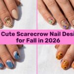 Collage of cute scarecrow nail designs for fall in 2026
