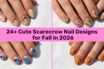 Collage of cute scarecrow nail designs for fall in 2026