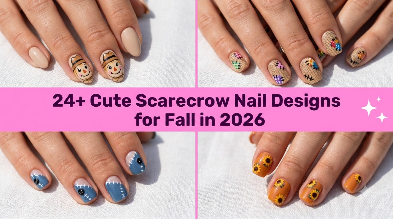Collage of cute scarecrow nail designs for fall in 2026