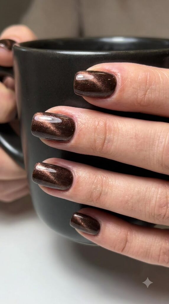 Short squoval dark chocolate brown magnetic cat-eye nails with velvet shimmer