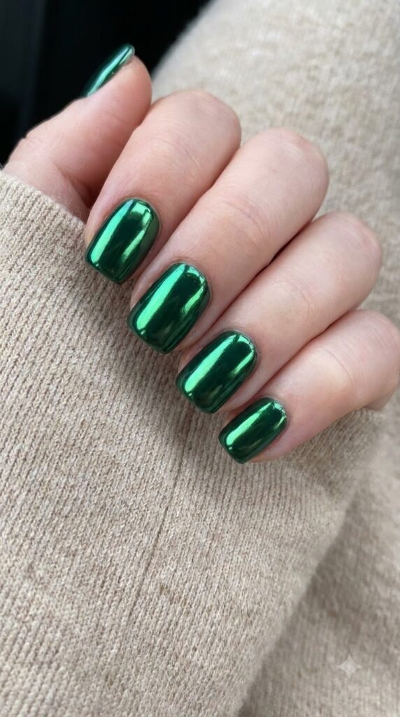Short square forest green nails buffed with emerald mirror chrome powder