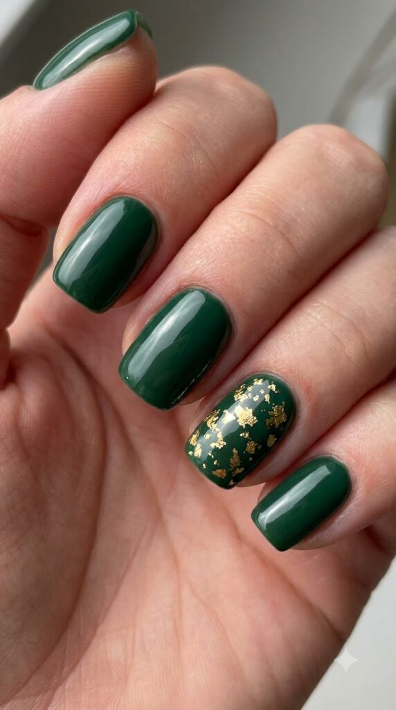 Short squoval forest green nails with scattered gold leaf foil flecks