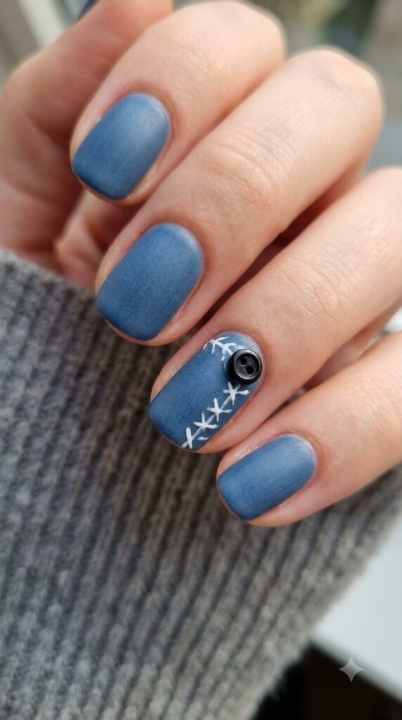 Short natural denim blue nails with white seam stitches and a black button eye