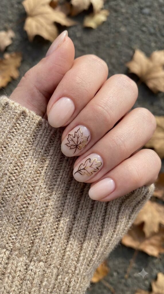 Short oval nude nails with fine hand-painted brown gold autumn leaf art