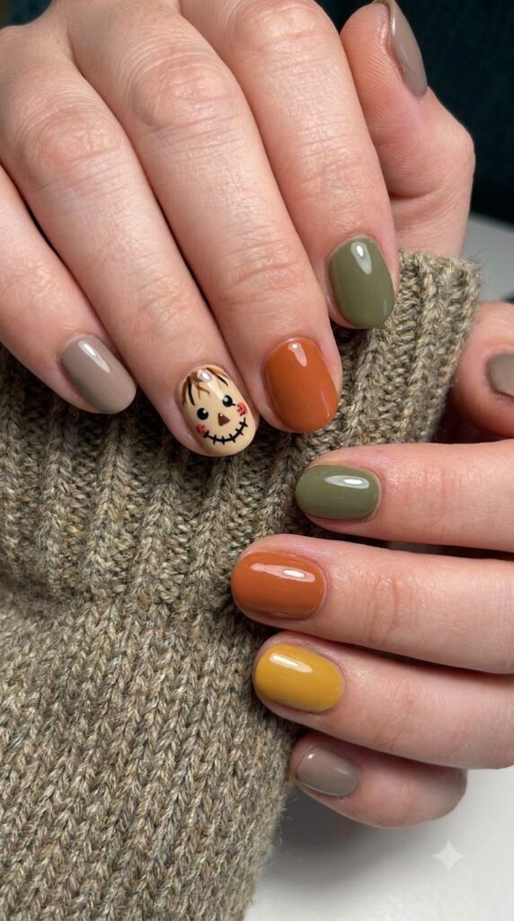 Short natural round neutral nails with a stitched scarecrow smile accent
