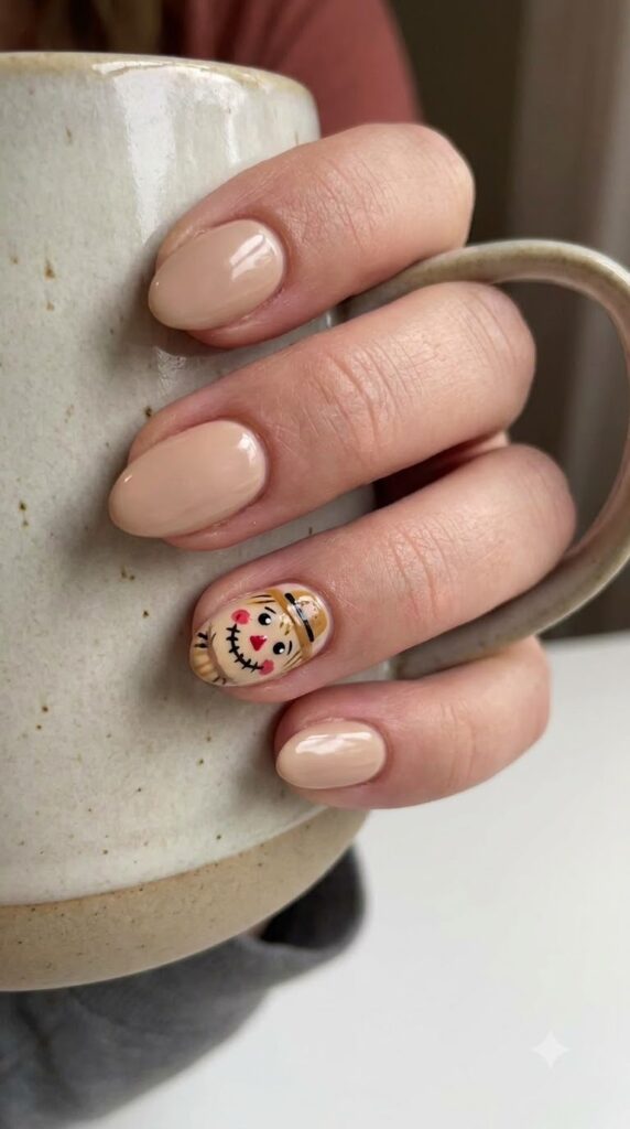 Short almond nude nails with a painted friendly scarecrow face and straw hat