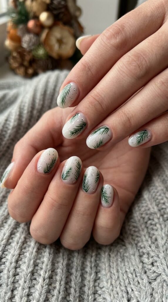 Short oval white nails with hand-painted dark green pine branches and snow dots