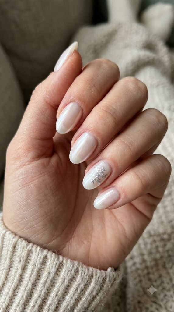 Short almond pearl chrome nails with a single hand-painted silver snowflake accent