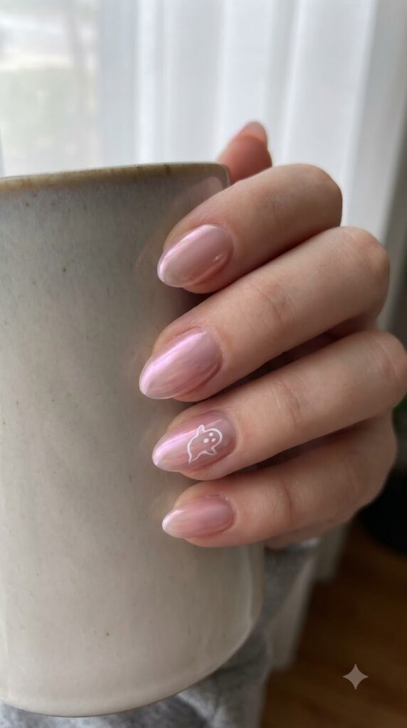 Short almond glazed pink pearl chrome nails with a tiny white floating ghost