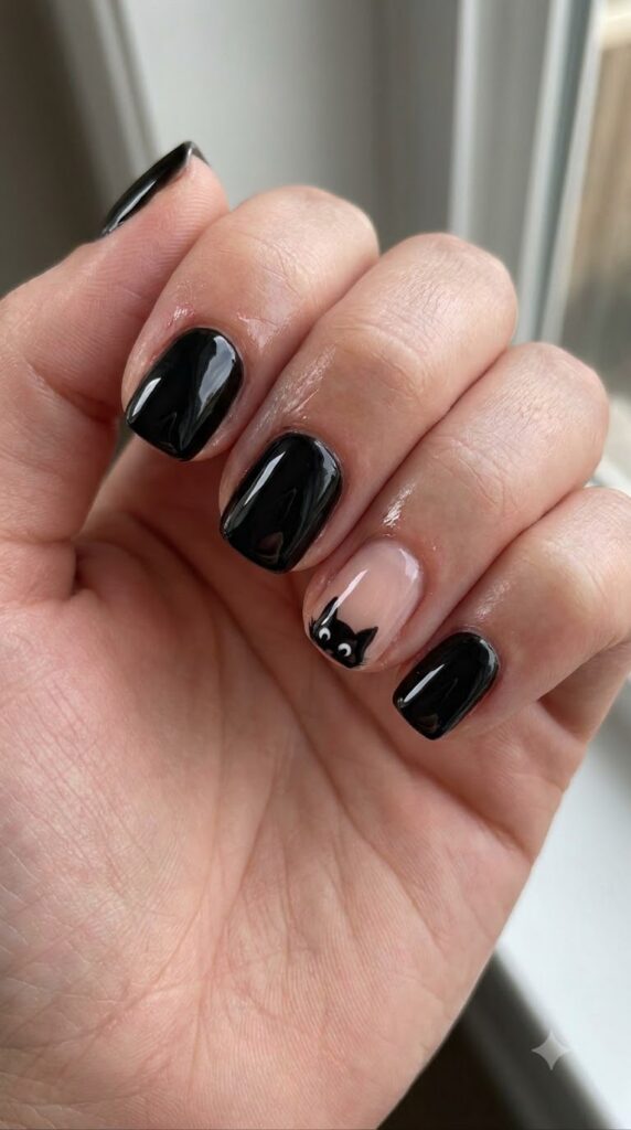 Short square black nails with a nude accent nail featuring a peeking cat head