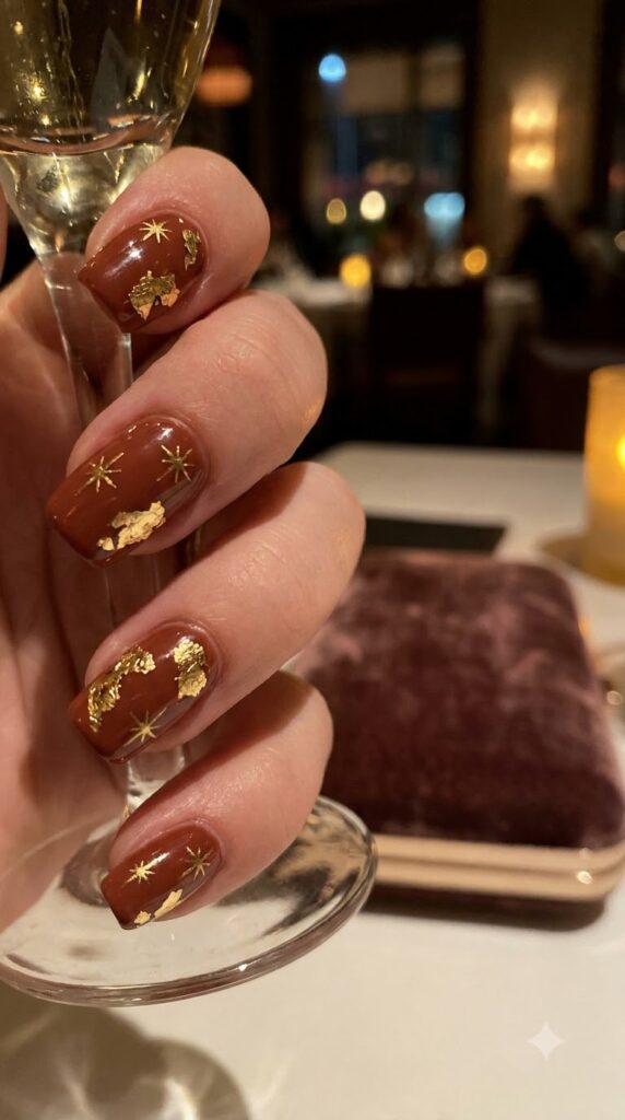 Squoval terracotta nails decorated with gold leaf foil patches and starbursts