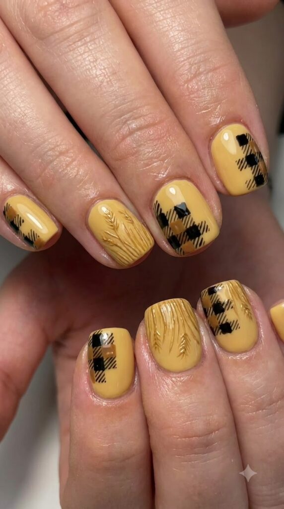 Short squoval straw yellow nails with black brown plaid patches and haystack lines