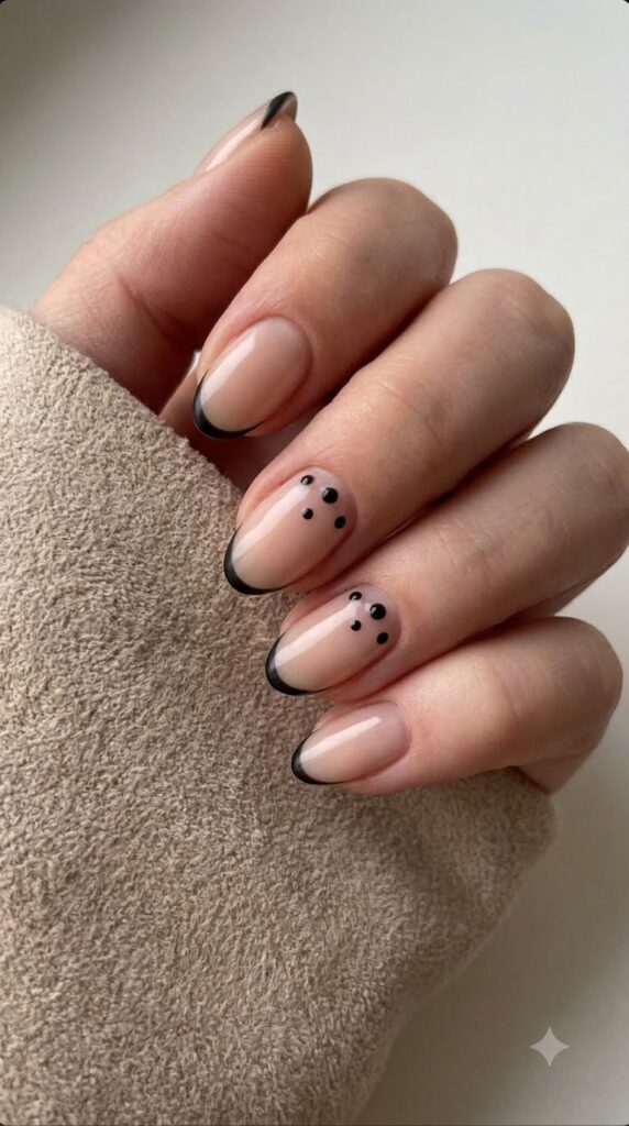Short almond nude nails with razor-thin matte black French tips and glossy dots
