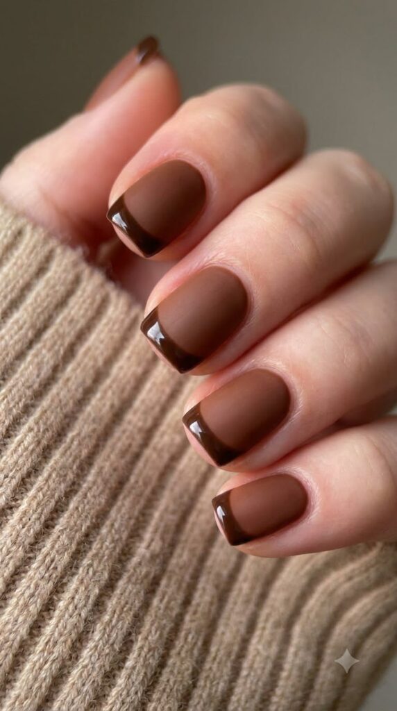 Short square matte chestnut brown nails with glossy dark chocolate tips