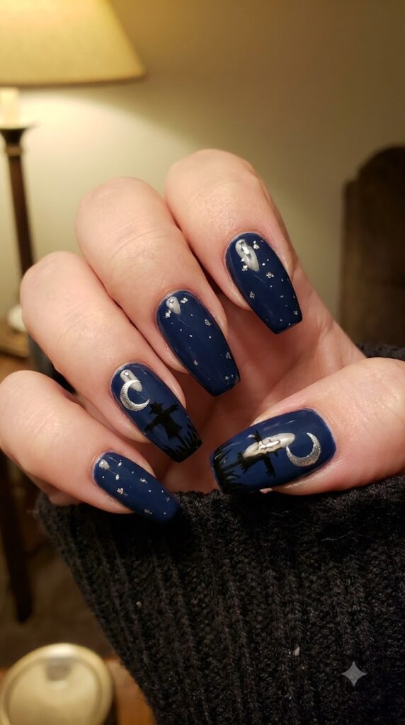 Coffin navy blue nails with black scarecrow silhouettes and a silver moon
