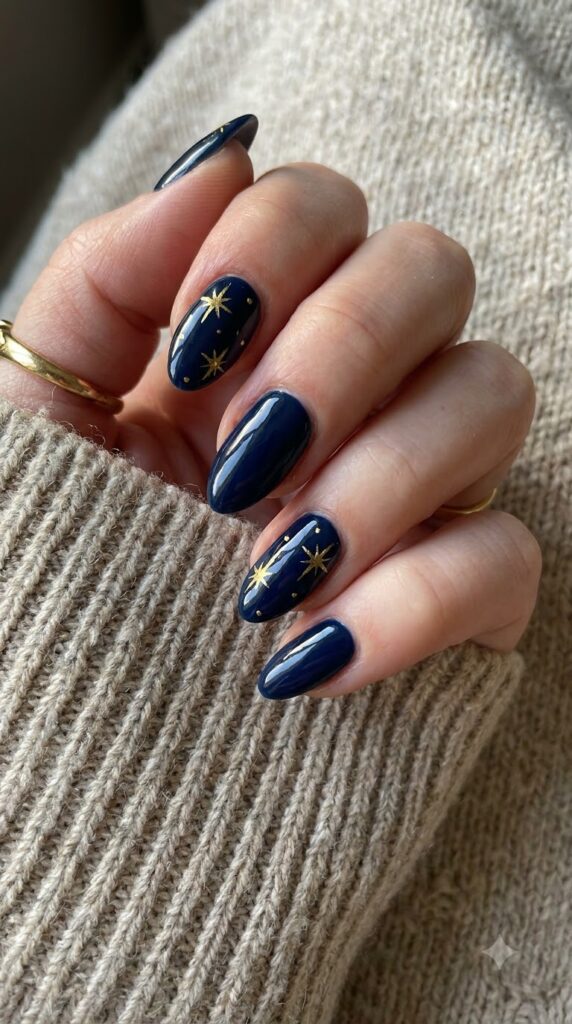 Almond dark navy blue nails decorated with delicate golden starbursts and micro-dots