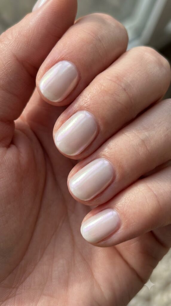 Short natural round milky white nails with glazed pearl chrome powder finish